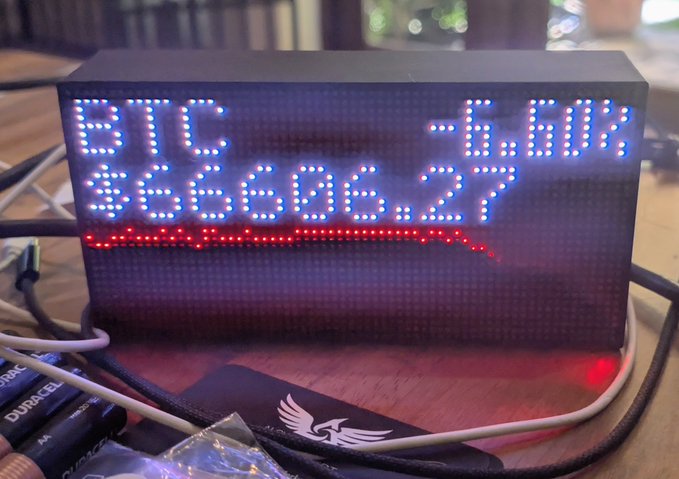 The image features a small electronic device, possibly a computer monitor or a digital clock, with a message displayed on its screen that reads " Bitcoin is cursed today." The device appears to be sitting on top of a wooden table.