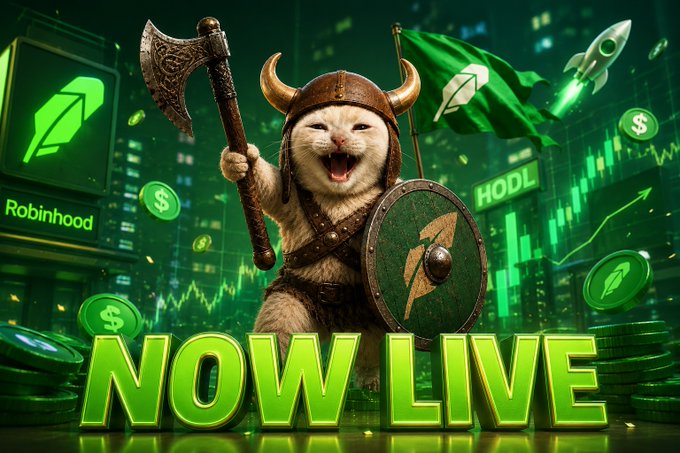 A promotional graphic showing a cat dressed as a Viking holding an axe, shield, and green flag with the text 'NOW LIVE', 'HODL', and 'Robinhood' alongside green crypto-themed imagery.