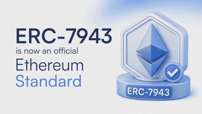 The image features a blue hexagon with a green triangle inside of it, which has the text "ERC-723" written on it. The background of the image is white. The image also includes a caption that reads "I think people are underestimating what just happened with ERC-7943 Most crypto standards become important after adoption starts".