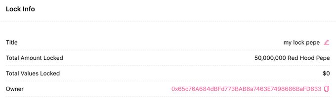 A "Lock Info" interface shows a cryptocurrency liquidity lock titled "my lock pepe" with "50,000,000 Red Hood Pepe" tokens locked and an owner wallet address starting with "0x65C76A684dBFd773BAB8a7463E7498686BafD833".