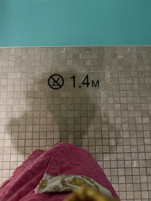 A pool tile with a "1.4M" depth warning next to turquoise water, with a pink towel and gold accessory in the foreground—playfully illustrating the "Everything is crypto" sentiment by marking the pool's depth as a crypto-style market metric.