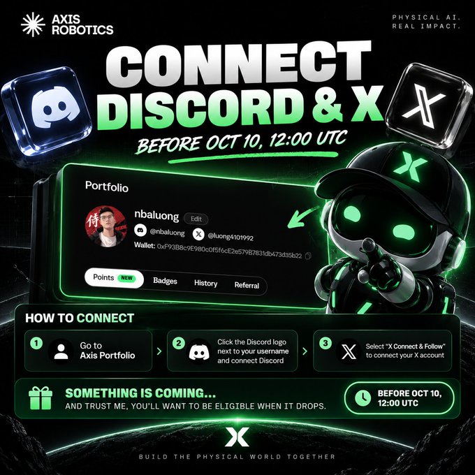 A sleek, neon-accented Axis Robotics promotional graphic instructs holders to "CONNECT DISCORD & X BEFORE OCT 10, 12:00 UTC," featuring the brand's robot character alongside step-by-step instructions linking accounts through Axis Portfolio—with a teaser stating "And trust me, you'll want to be eligible when it drops," strongly hinting at an imminent airdrop.