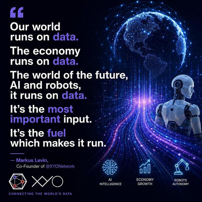 The image features a robot standing next to a globe, with a quote about data running on it. Below the quote, there are icons representing different aspects of data, such as AI, economy, and robots. The text also mentions that the post is related to @OfficialXYO & @Theta_Network, which suggests that this image might be part of a promotional campaign or discussion around these platforms.