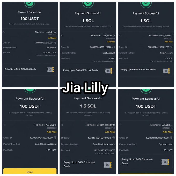 Collage of six payment confirmation screenshots showing successful transfers in USDT and SOL on Binance, watermarked 'Jia Lily'.