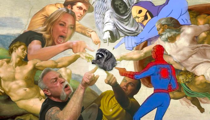 A modern remix of Michelangelo's 'Creation of Adam' with several people and characters (Spider-Man, a Grim Reaper, a woman, and Spidermen pointing fingers, with a dog in the center, replacing the original figures.