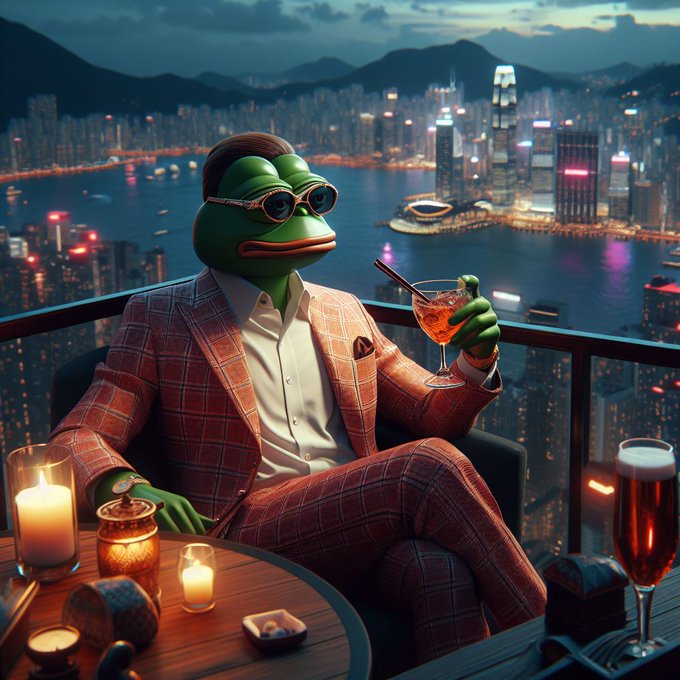 A digital illustration of a green frog wearing sunglasses and a plaid suit, sitting on a balcony overlooking a neon-lit city skyline while holding a cocktail.