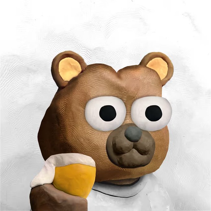 A 3D-rendered brown bear character with large cartoon eyes and yellow inner ears holds a beer mug with white foam, set against a textured light gray background. The image illustrates the handmade clay sculpture aesthetic described in the caption, showcasing how the physical sculpting and photography techniques are used to create the "Clay StonKz" digital artwork.