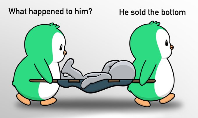 A cartoon meme showing two green penguins carrying a third, featureless grey penguin on a stretcher, with text reading 'What happened to him?' and 'He sold the bottom'.