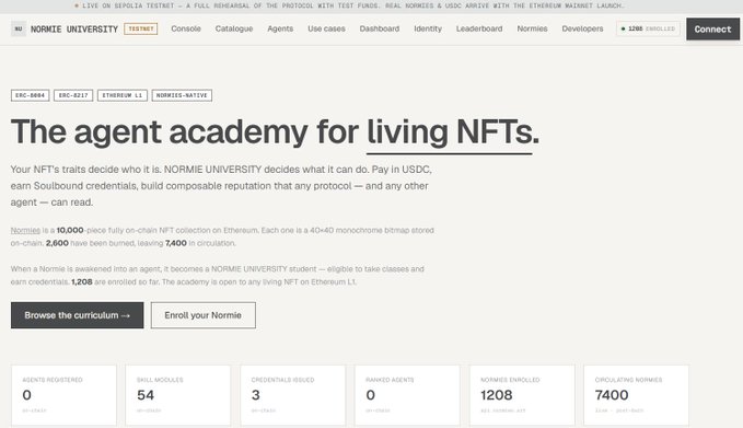 The image shows a website for a NORMIE UNIVERSITY course, specifically targeting living NFTs. The layout of the website features an information section where the course details are displayed along with payment options. A button titled "Welcome to NORMIE UNIVERSITY" is also visible on the left side of the screen.