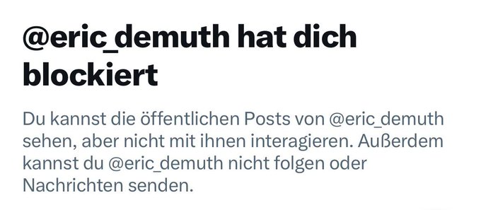 A social media screenshot showing the German notice "@eric_demuth hat dich blockiert" (meaning "@eric_demuth has blocked you"), indicating the user has been blocked by Bitpanda founder Eric Demuth. The accompanying post expresses disappointment about being blocked by him, suggesting it reflects his true stance on holding periods, while warning Germany to avoid following Austria's path.