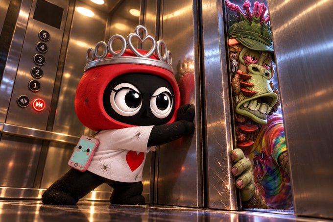 A 3D animated character wearing a red hood and silver crown stands in an elevator, peering out as a grotesque, colorful monster with sharp teeth peeks back from behind the doors.