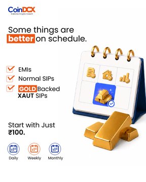 A CoinDCX promotional graphic featuring a calendar with gold bars and stacked gold ingots, advertising that "Some things are better on schedule" with options for EMIs, Normal SIPs, and Gold-Backed XAUT SIPs starting from just ₹100 on a daily, weekly, or monthly basis. The image visually reinforces the post's message about introducing flexible Gold SIPs in XAUT (Tether Gold) through the CoinDCX platform.