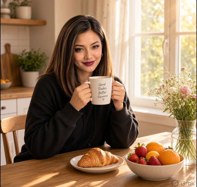 A woman with long brown hair sitting at a kitchen table holding a mug that reads 'Good Trades Better Tomorrow,' with a croissant and bowl of fruit in front of her (Grok watermark).