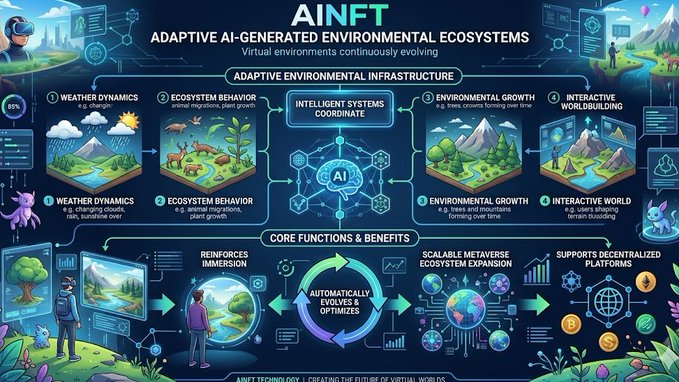 The image features a large, colorful poster that explains adaptive AI-generated environments (AI-GENERATED ENVIRONMENTAL ECOSYSTEMS). The poster displays various elements such as mountains, trees, clouds, and people, which are part of an interactive virtual environment designed to simulate the natural world.

The poster also includes a list of benefits that can be gained from AI-generated environments, including increased adaptability, improved resource management, and enhanced user experiences. The poster is accompanied by text that reads: "AI-GENERATED ENVIRONMENTAL ECOSYSTEMS".