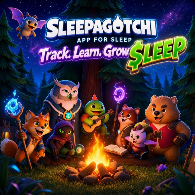 Promotional artwork for the 'SLEEPAGOTCHI APP FOR SLEEP' featuring the tagline 'Track. Learn. Grow SLEEP', depicting cute cartoon forest creatures like an owl, fox, and bear gathered around a campfire at night.