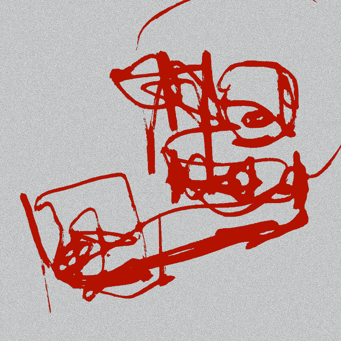 A chaotic abstract drawing in red marker on a gray background, appearing as scribbled, overlapping lines and loops that form no clearly legible text or recognizable symbols, leaving the intended content ambiguous in relation to the "networked.art/alperaym/0x579" post.