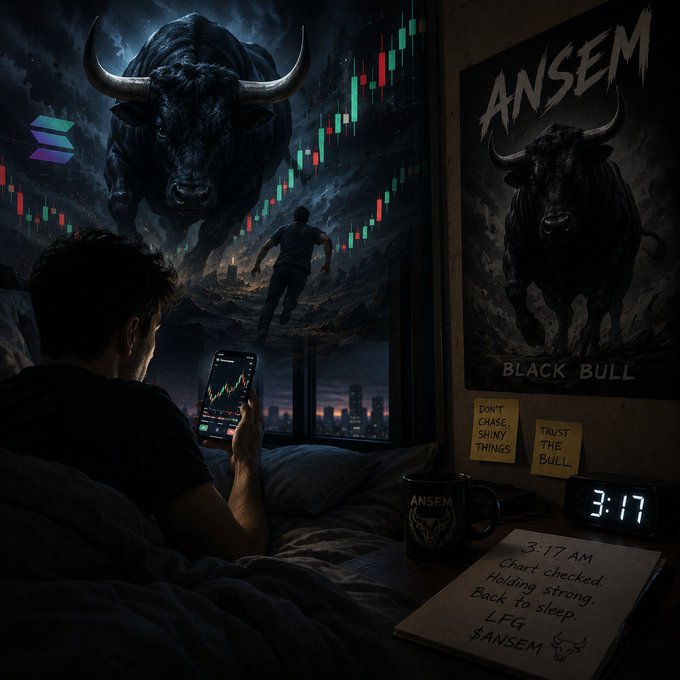 A stylized digital illustration of a man in bed at night looking at a trading chart on a tablet, with a giant black bull emerging from the city skyline outside the window, alongside "ANSEM" and "BLACK BULL" posters and sticky notes reading "DON'T CHASE SHINY THINGS" and "TRUST THE BULL."