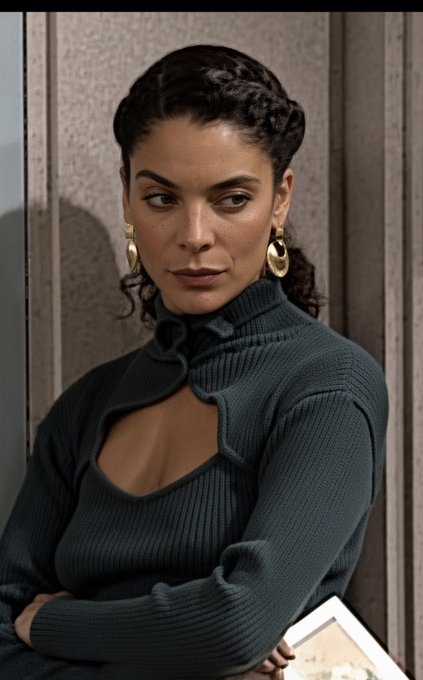 A portrait of a woman with braided hair pulled back, wearing gold drop earrings and a dark green ribbed turtleneck sweater with a cutout detail.