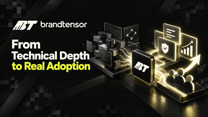 A promotional graphic for 'ABT brandtensor' features the text 'From Technical Depth to Real Adoption' alongside 3D icons representing data, security, and growth charts.