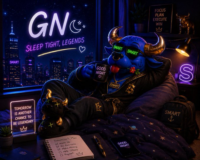 A neon-lit illustration shows a blue bull character wearing 'SMART' sunglasses and pajamas lounging in a beanbag with a 'GOOD NIGHT' mug, alongside a glowing 'GN SLEEP TIGHT, LEGENDS' sign and a note reading 'Tomorrow is another chance to be legendary.'