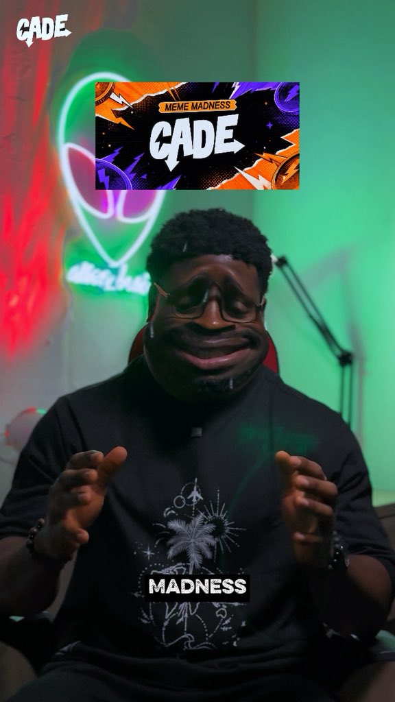 A man wearing a black shirt sits in front of a neon sign with his eyes closed, while a "CADE: MEME MADNESS" graphic appears above him and the word "MADNESS" is displayed below, promoting the Cade Market memecoin prediction platform launching August 24th with $100K in prizes.