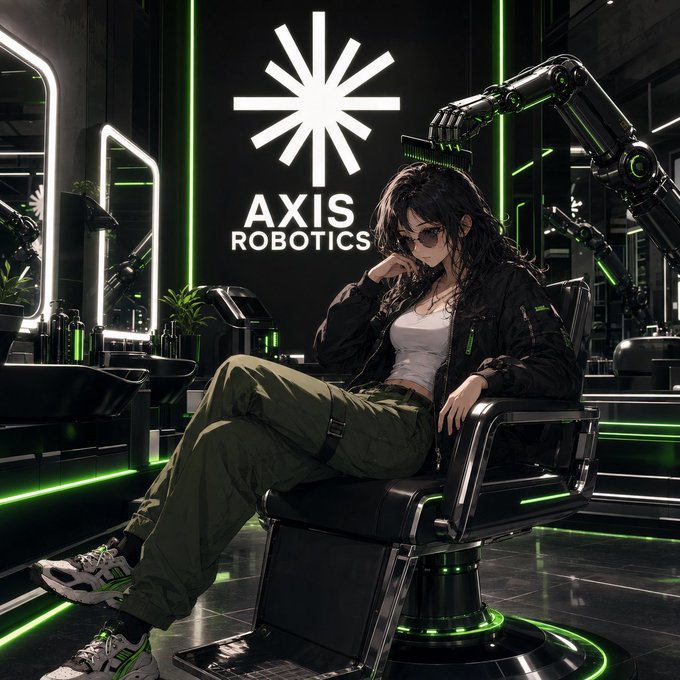An anime-style illustration of a woman sitting in a futuristic salon chair at 'AXIS ROBOTICS', surrounded by robotic arms and green neon lighting.