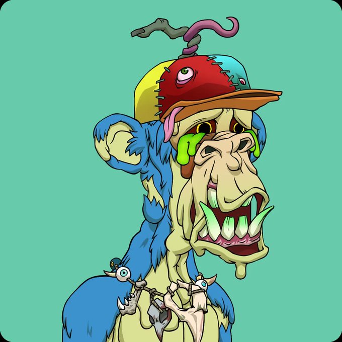 An illustration depicts a grotesque, cartoonish blue monkey wearing a colorful cap and a bone necklace.