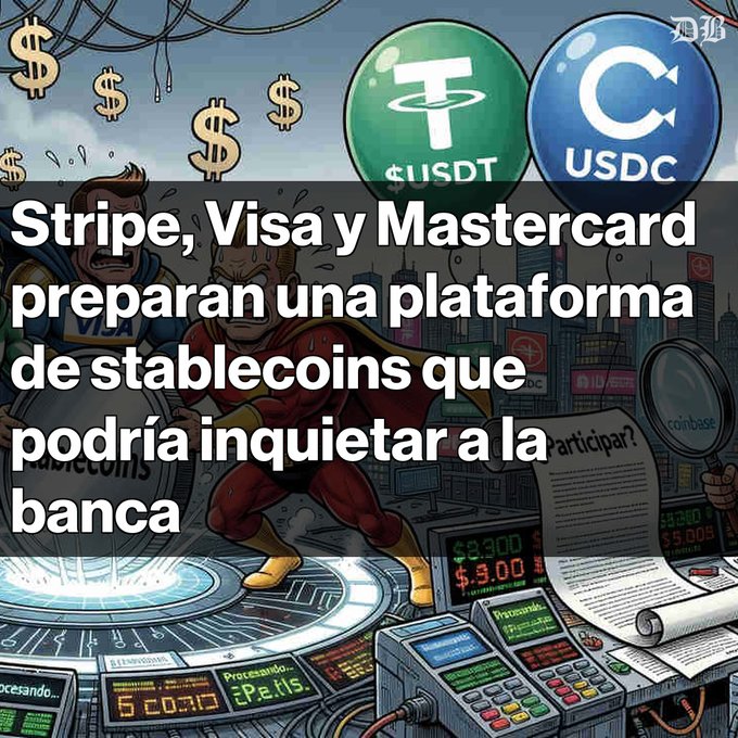 The image features a cartoon depiction of a man dressed as a superhero, holding a gun and pointing it at a city skyline with buildings and a currency exchange booth. The caption reads "Stripe, Visa y Mastercard lanzan plataforma de stablecoins. Coinbase analiza su posible participación. Grandes procesadores de pagos buscan capitalizar el crecimiento". This image is related to the post about Bitcoin and cryptocurrency exchanges, as it highlights the concept of using digital currency for transactions in a city setting with a city skyline backdrop.