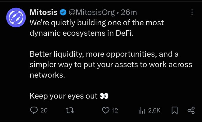 A screenshot of a tweet from verified account @MitosisOrg reads: "We're quietly building one of the most dynamic ecosystems in DeFi. Better liquidity, more opportunities, and a simpler way to put your assets to work across networks. Keep your eyes out 👀" — with 20 replies, 12 likes, and 2.6K views. The caption mocks the post's vague, hype-driven teaser language, implying the announcement sounds like an empty April Fools' promise rather than a concrete update.