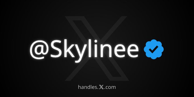 A dark graphic displays the username "@Skylinee" in white text alongside a blue verification checkmark, set against a faint X (formerly Twitter) logo background. At the bottom, "handles.X.com" is shown, indicating the image promotes the user's acquisition of the coveted @Skylinee handle from the X Handle Marketplace, retiring their previous Ethereum-based username.