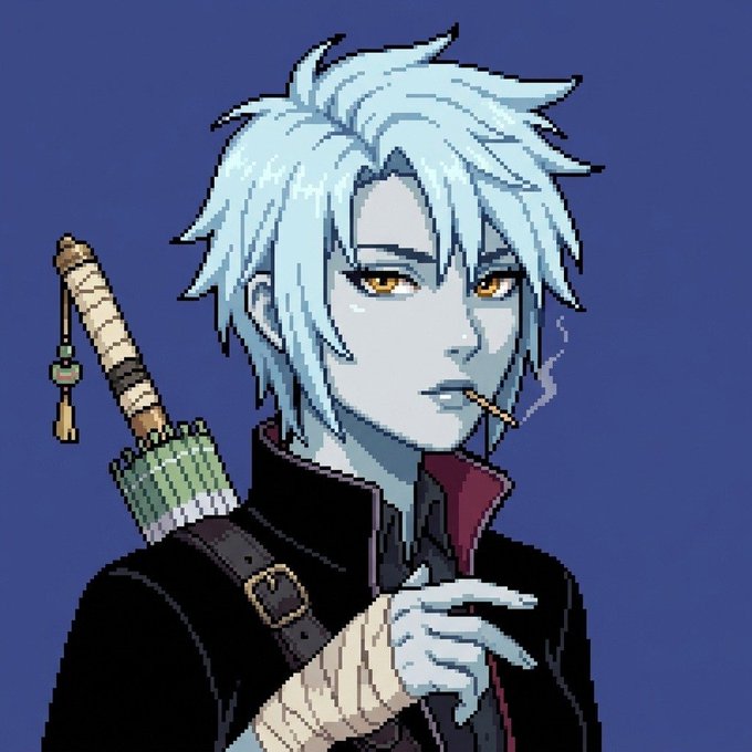 Pixel art illustration of a blue-skinned character with light blue hair, yellow eyes, a sword on their back, and a cigarette in their mouth against a solid blue background.