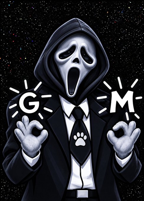 A hooded skeleton figure in a suit makes “OK” hand gestures, with large letters “G” and “M” on either side and a paw-print symbol on its tie.