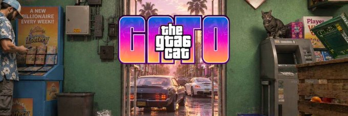 A bold “GTA 6 the gtac cat” logo overlays a rainy, neon-lit game scene, tying into the post’s $GATO/GTA6CAT meme token and its focus on growing Grand Theft Auto 6 hype.