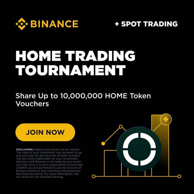 The main focus of this text-based image is a banner or poster for a trading tournament at #Binance. The banner features an illustration of a circle, which is part of the logo design for the competition. Below this, there are two pieces of information that provide details about the tournament: it will be held on the 15th of April and aims to promote home trading with a reward of 10,000,000 Home Tokens (HOT). The image also shows a picture of a stock chart, possibly indicating a connection between the trading world and stock market trends. This combination of elements helps to convey the main message of the post: join the #Binance Trading Tournament to gain rewards for home trading.