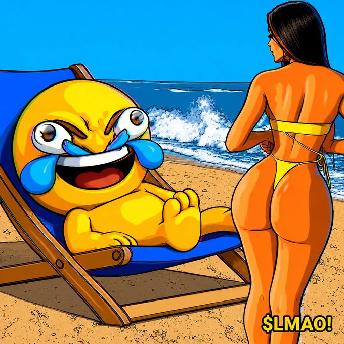 An animated emoji character sits in a beach chair laughing hysterically, accompanied by the text "$LMAO!" in the corner. The image humorously illustrates the caption "gLMAO, simply enjoying the view" by depicting the emoji's reaction to a woman standing on the beach.