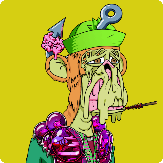 A grotesque cartoon illustration depicts a zombie-like character with a green hat, exposed brain, drooping facial features, and spiked purple accessories against a yellow background.