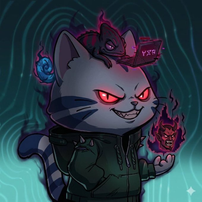 A mischievous cartoon cat with glowing red eyes wears a spiked hoodie, with a shadowy lizard operating a laptop on its head and demonic floating heads surrounding it, with the laptop screen displaying text including "ㄴㅋ". The menacing, chaotic imagery—featuring demonic creatures and a sinister smile—visually reinforces the post's message of abandoning the $HYPE ecosystem, portraying the project as surrounded by negativity, manipulation, and betrayal after Shoku's departure, PaperTrade's impending collapse, and Jeff's abandonment.