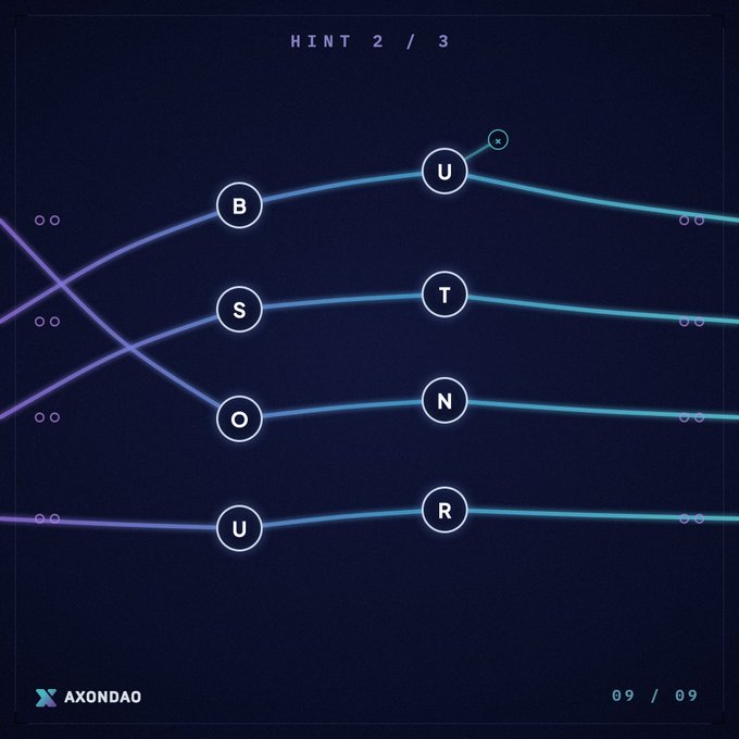 A puzzle/game screen showing "HINT 2 / 3" with letter nodes B, S, O, U on the left connected by lines to U, T, N, R on the right, branded with AXONDAO and showing 09/09.