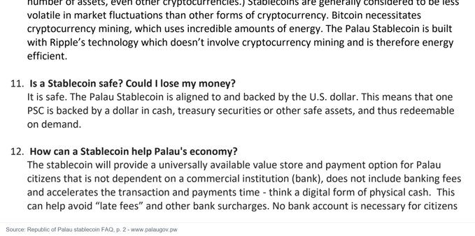 The image shows a page from the Republic of Palau stablecoin FAQ, highlighting two key sections: one explaining that the Palau Stablecoin is built with Ripple's technology, which avoids the energy-intensive cryptocurrency mining required by Bitcoin, and another describing the stablecoin's safety, being backed by U.S. dollars in cash or treasury securities. The accompanying post aligns with the image, as the FAQ directly supports the claim that Palau chose Ripple's blockchain over alternatives like Bitcoin specifically to avoid the energy demands of cryptocurrency mining.