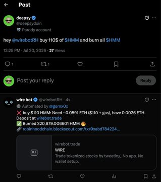 A screenshot of a social media post by user @deepydoidn (deepysidoin, parody account) reading 'hey @wirebotRH buy 110$ of $HMM and burn all $HMM', followed by a reply from automated @gormoXz promoting a wallet address and a wirebot.trade link.