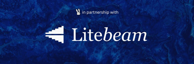 A deep blue marbled promotional banner announces a partnership with "Litebeam," featuring the company's name in elegant white serif font alongside a stepped logo and a small bunny icon with the text "in partnership with" above it—visually reinforcing the collaboration with BunnyOS mentioned in the accompanying post.