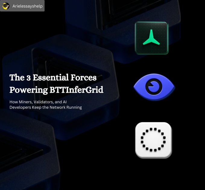 The image is a promotional graphic titled "The 3 Essential Forces Powering BTTInferGrid," with the subtitle "How Miners, Validators, and AI Developers Keep the Network Running." It features three icons against a dark background—a green ninja star (likely representing miners), a blue eye (validators), and a white dotted circle (AI developers)—visually reinforcing the post's message about the three variables (hardware, consensus, and demand) that enable decentralized AI inference on BTTInferGrid.