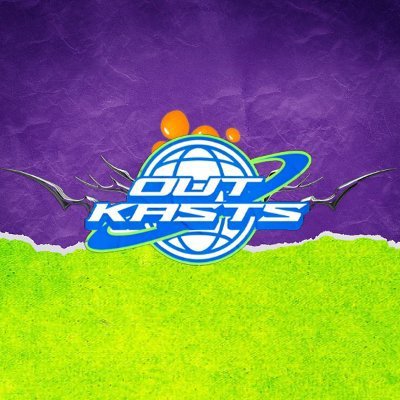 A colorful logo graphic for "OUTKASTS" displayed on a textured background split between purple and green halves.