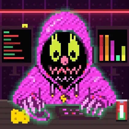 A pixel art image shows a hooded skeletal character in a pink robe with glowing yellow eyes sitting at a computer desk, with a bar chart and candlestick stock market graphic displayed on screens behind it.