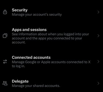 A settings menu displays options for "Security," "Apps and sessions," "Connected accounts," and "Delegate," corresponding to the navigation path described in the post for managing third-party app access to an X account.