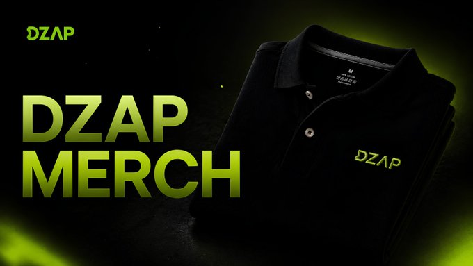 The image is a sleek promotional graphic for "DZAP MERCH" featuring a folded black polo shirt with the green "DZAP" logo embroidered on the chest, set against a dark background with glowing green accents—building anticipation for the upcoming DZap merchandise drop teased in the post.