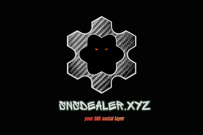 A logo for 'ONODEALER.XYZ' featuring a hexagonal carbon-fiber design with a dark center containing two glowing orange eyes, with the tagline 'your SNS social layer' in red text below.