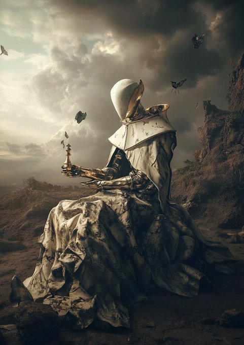 A surreal silver figure in flowing robes and a tall helmet sits on a rocky landscape holding a chalice, with butterflies fluttering in the cloudy sky above.