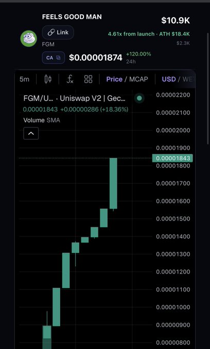 A cryptocurrency price chart screenshot showing "FEELS GOOD MAN" (FGM) token at $0.00001874, up 120% over 24 hours, with a market cap of $10.9K and an ATH of $18.4K.