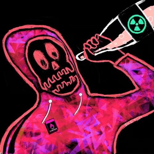 A neon pink and red illustration of a hooded skeleton figure being injected with a syringe containing a green radiation symbol.
